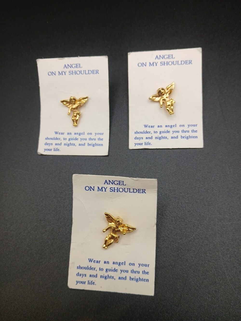 Lot of 3 Vintage Guardian Angel on My Shoulder Lapel Pins Gold Tone New on Card